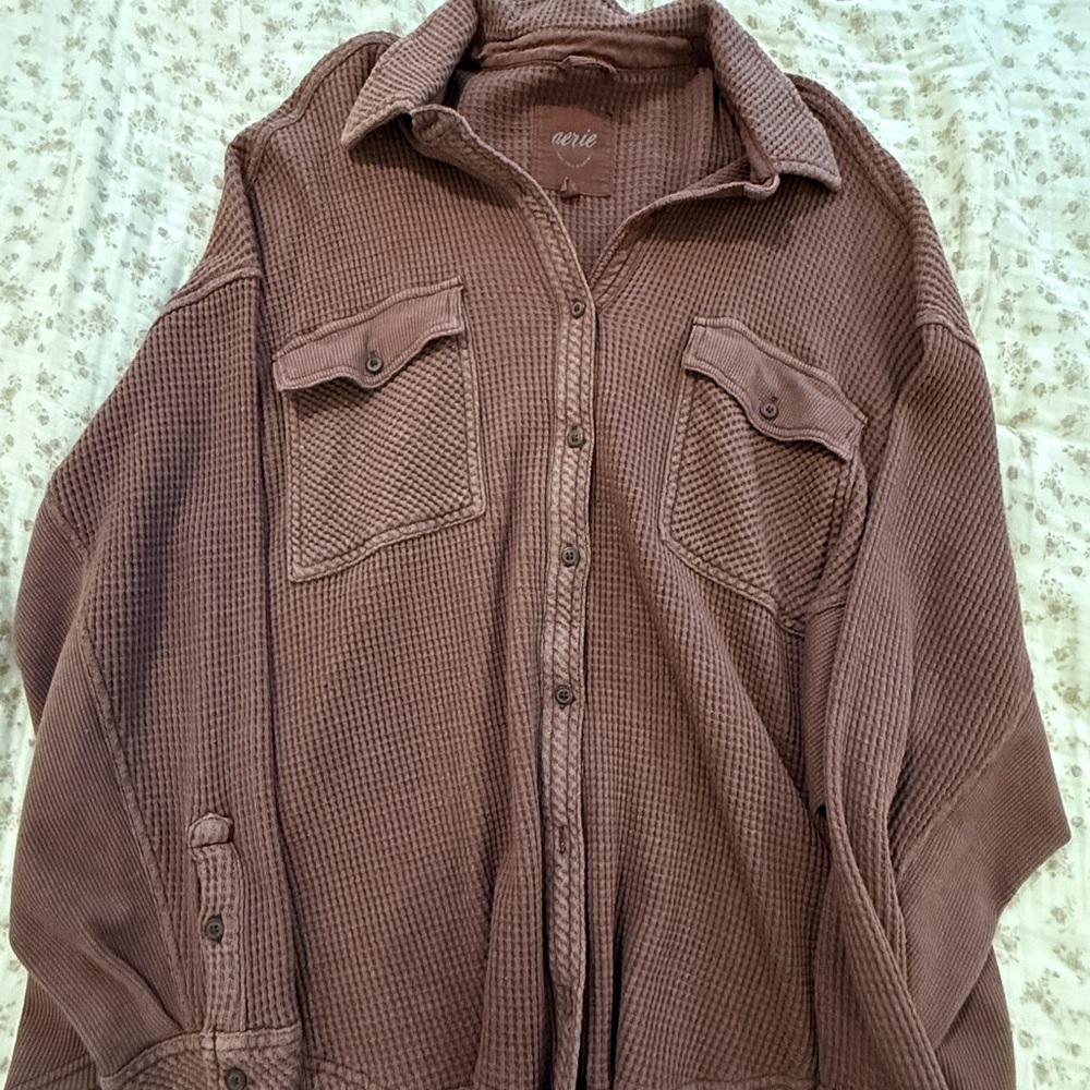 aerie Brown Waffle Knit Button-Down Shirt Jacket